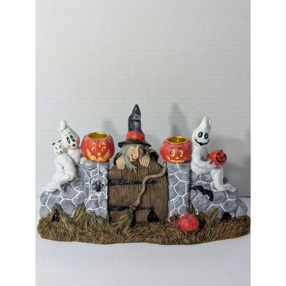 Kurt Adler Halloween Witch Ghost Pumpkin Candle Holder Haunted Gate Resin Decor